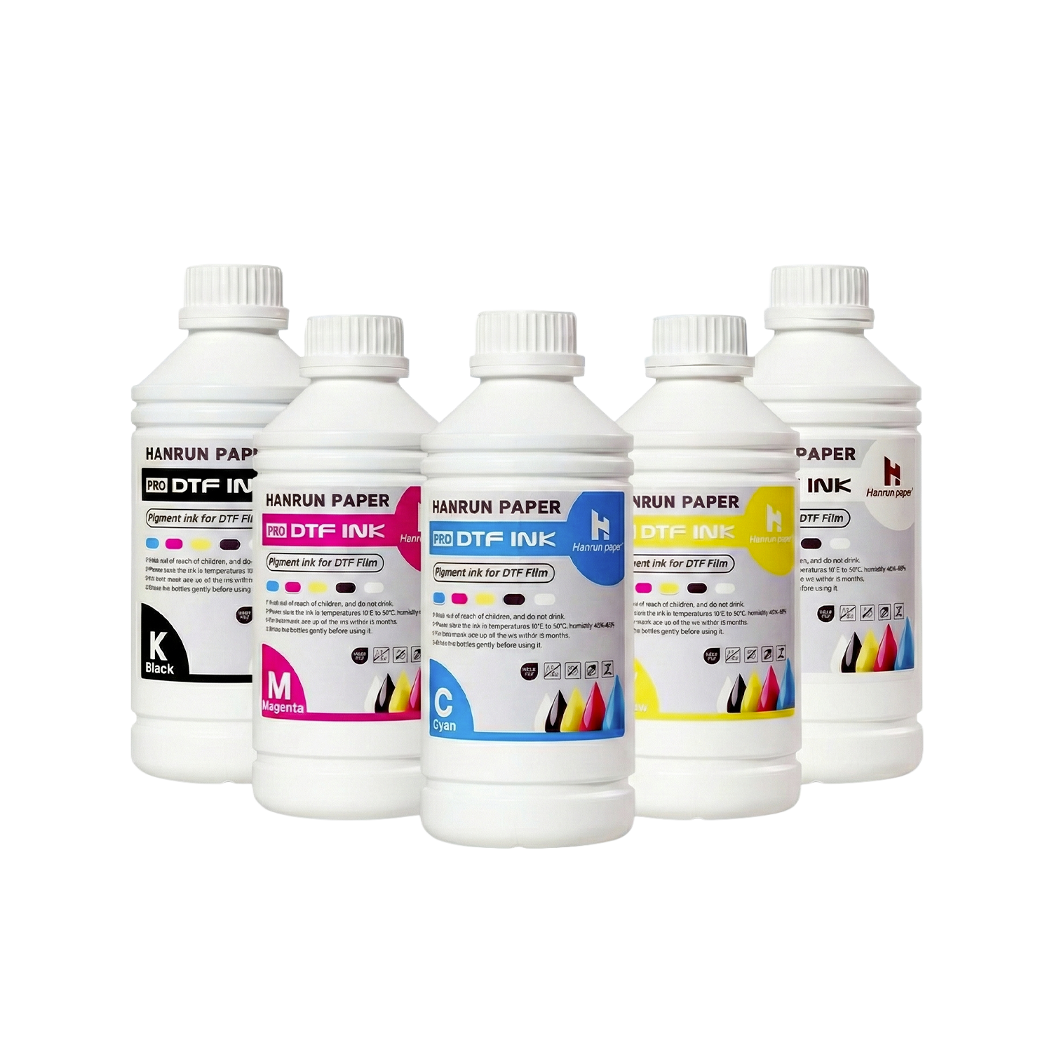 Encre Hanrun PRO DTF – Cyan, Magenta, Jaune, Noir, Blanc 1L
