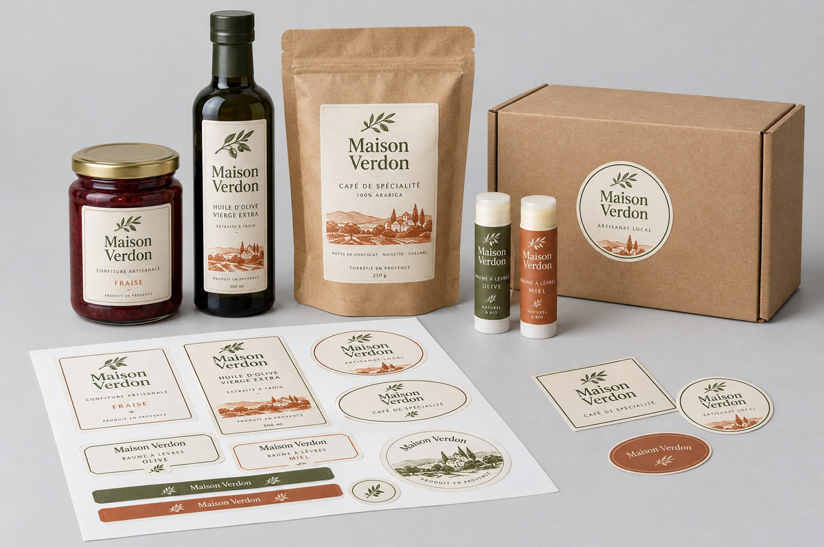 Étiquettes packaging : pot, bouteille, sachet, boîte, tube